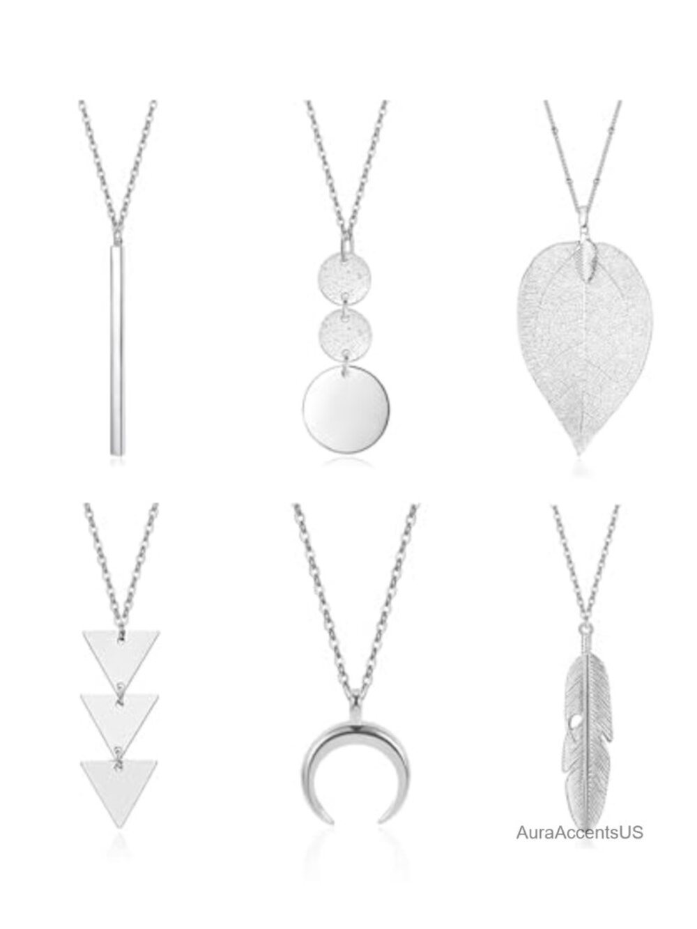 6 Pc Long Necklace Set Silver Alloy Y Pendant Necklaces Women Jewelry